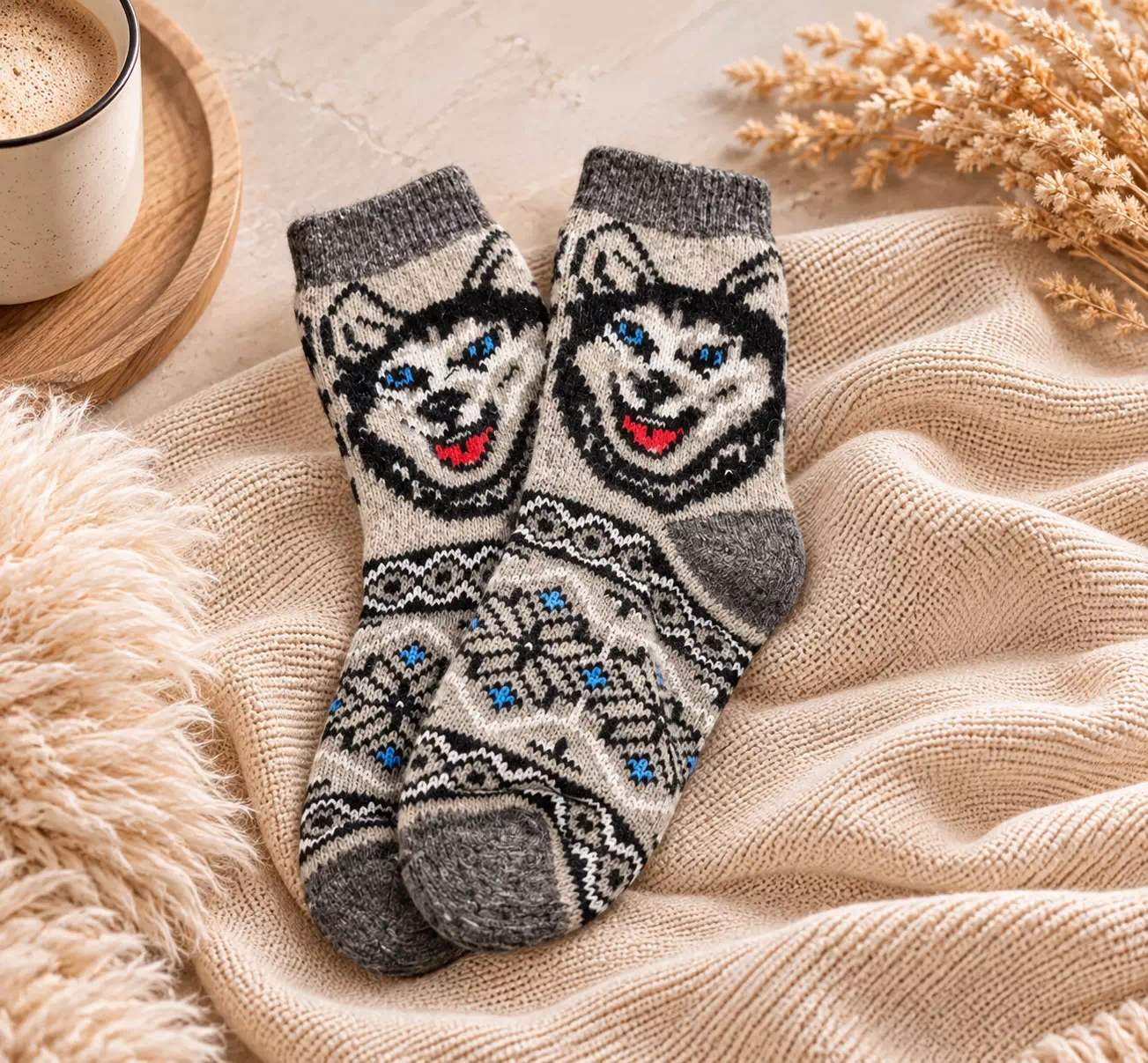 Skarpety z wełny czesanej - motyw Husky